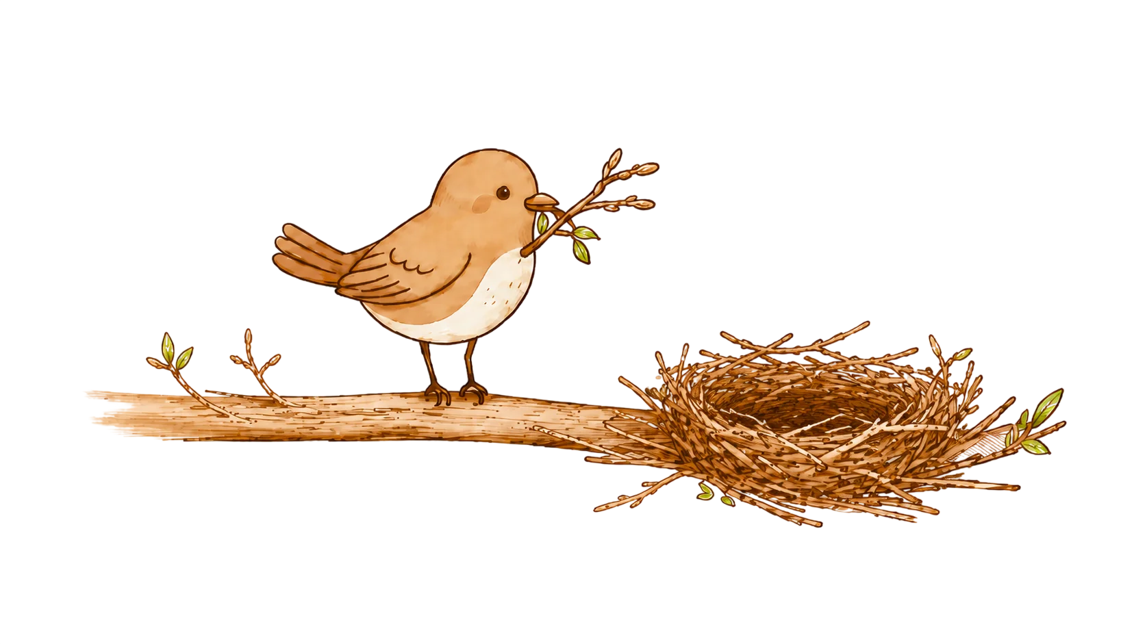 Bird on a branch building its nest